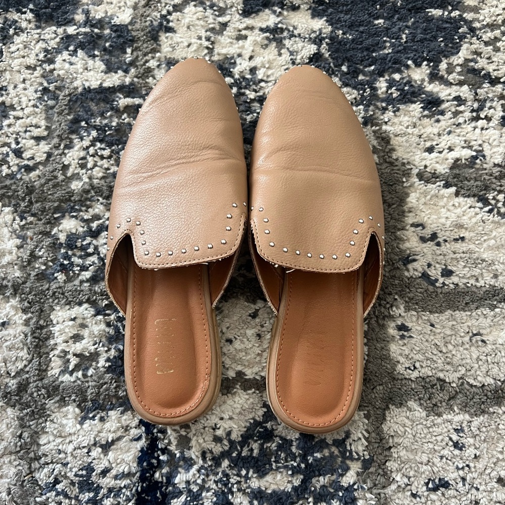 Tan Leather Slip-On Mules with Stud Accents